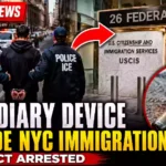 Breaking news thumbnail showing FBI and ICE agents escorting a suspect outside 26 Federal Plaza in New York City after an incendiary device incident near the USCIS immigration office.