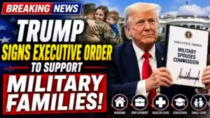 President Donald Trump displays an executive order establishing the Military Spouses Commission as part of a White House initiative supporting military families.