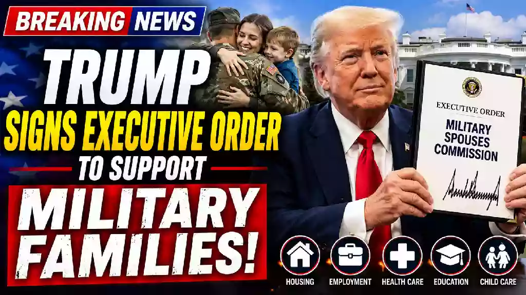 President Donald Trump displays an executive order establishing the Military Spouses Commission as part of a White House initiative supporting military families.