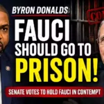 Rep. Byron Donalds speaks as Dr. Anthony Fauci is shown beside prison bars in a YouTube thumbnail about Donalds backing the Senate contempt vote and calling for Fauci to face prison over the COVID-19 response.
