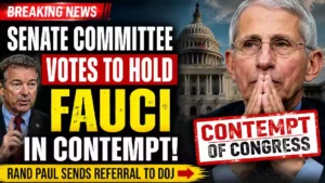 YouTube thumbnail showing Senator Rand Paul and Dr. Anthony Fauci with the U.S. Capitol in the background and bold text reading "Senate Committee Votes to Hold Fauci in Contempt," highlighting the Senate committee's contempt referral to the Department of Justice.