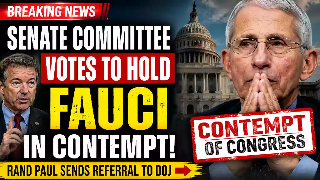 YouTube thumbnail showing Senator Rand Paul and Dr. Anthony Fauci with the U.S. Capitol in the background and bold text reading "Senate Committee Votes to Hold Fauci in Contempt," highlighting the Senate committee's contempt referral to the Department of Justice.