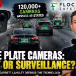Flock Safety license plate cameras and CEO Garrett Langley featured in a news thumbnail about privacy and surveillance concerns