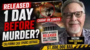 Northern California murder case thumbnail showing Todd Stewart, alleged suspect release one day before fatal stabbing, courthouse, and surveillance footage