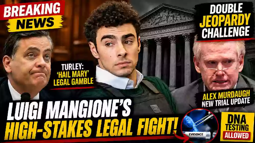 Breaking news thumbnail showing a courtroom legal battle involving a young defendant, a legal analyst, and a former defendant, with double jeopardy, New York case, new trial, and DNA evidence graphics.