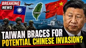 Taiwan military drills raise concerns over potential Chinese invasion, featuring Taiwan and China flags, fighter jets, warship, soldiers, and Chinese President Xi Jinping