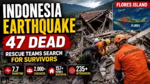 Indonesia earthquake thumbnail showing collapsed buildings and rescue workers searching rubble after a powerful 7.7-magnitude earthquake on Flores Island, with 47 deaths reported and thousands evacuated.