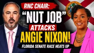RNC Chairman Joe Gruters and Florida Democratic Senate candidate Angie Nixon featured in a political news thumbnail highlighting escalating tensions in the Florida Senate race over socialism and campaign messaging ahead of the 2026 election.