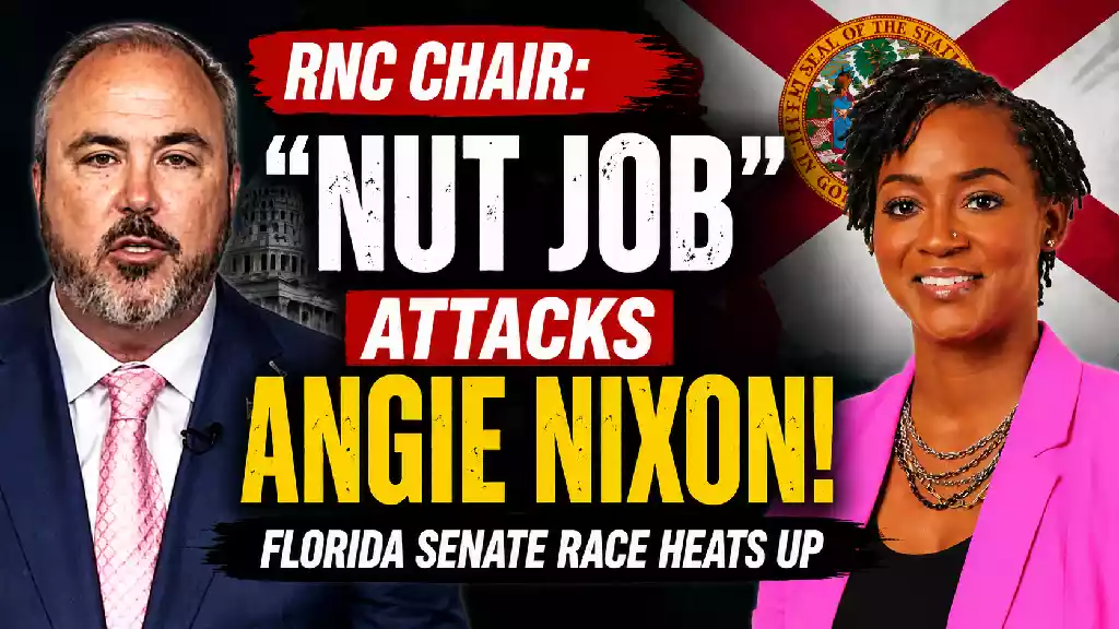 RNC Chairman Joe Gruters and Florida Democratic Senate candidate Angie Nixon featured in a political news thumbnail highlighting escalating tensions in the Florida Senate race over socialism and campaign messaging ahead of the 2026 election.