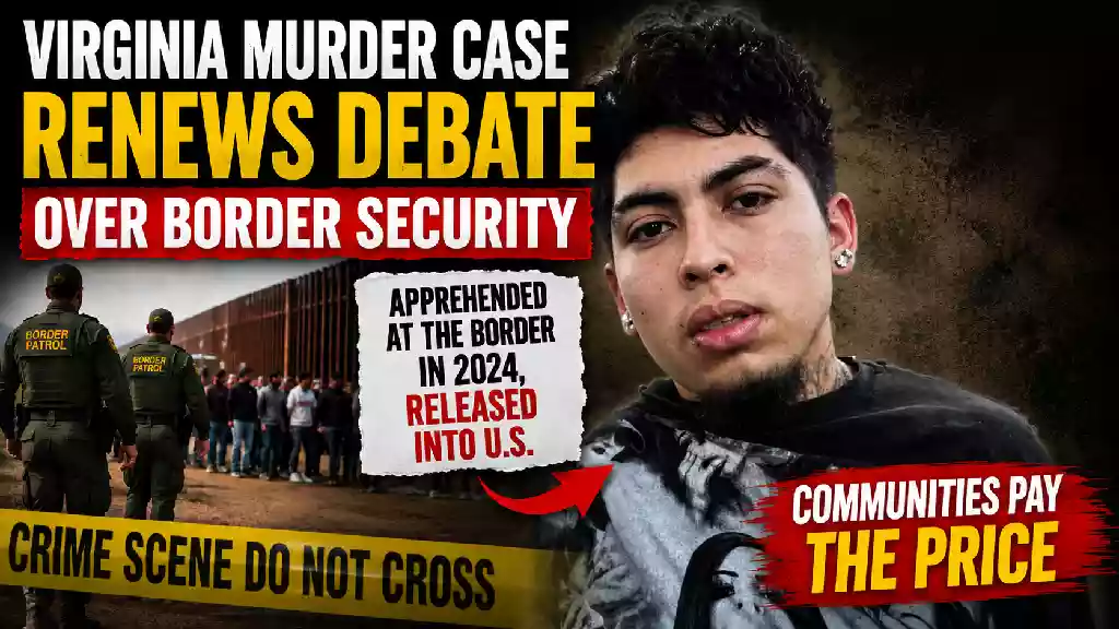 Virginia murder case and border security debate thumbnail featuring a suspect, Border Patrol agents, U.S.-Mexico border, and crime scene imagery