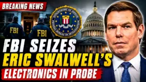 Eric Swalwell FBI investigation thumbnail showing FBI agents, Department of Justice seal, U.S. Capitol and former Congressman Eric Swalwell