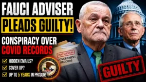 David Morens and Anthony Fauci depicted in a news-style graphic about a federal conspiracy case involving COVID-19 research records and government communications.