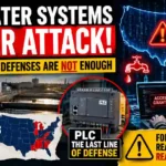 U.S. water systems under cyberattack as cybersecurity experts warn PLC defenses are not enough, with a hacker, water treatment facility, U.S. map, and programmable logic controller shown in a dramatic news graphic.