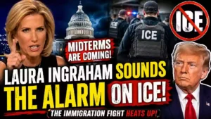 Laura Ingraham warns about the growing ICE and immigration enforcement battle ahead of the U.S. midterm elections, with the U.S. Capitol, ICE agents, a no-ICE symbol, and Donald Trump shown in a dramatic political news thumbnail.