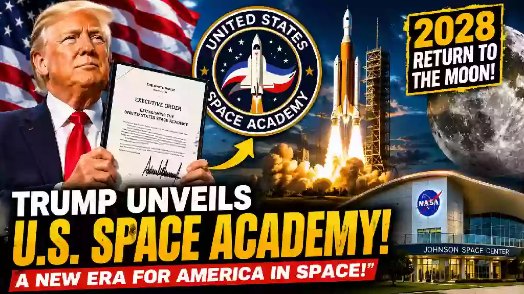 Donald Trump holds an executive order establishing the United States Space Academy as rockets launch toward the Moon, highlighting America's NASA Artemis program and plans for a 2028 lunar return.