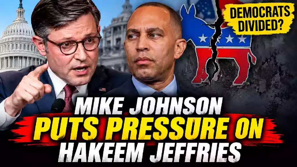 Mike Johnson and Hakeem Jeffries face a political clash as Democratic Party divisions deepen in Congress, with the U.S. Capitol and a cracked Democratic donkey symbol in the background.