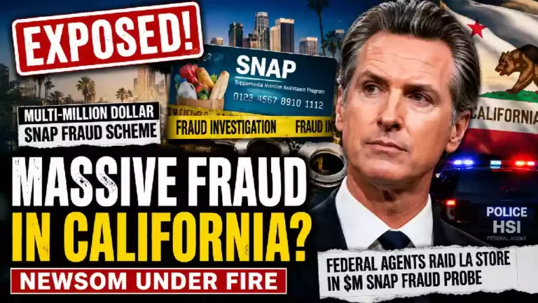 California Governor Gavin Newsom alongside bold text about a federal SNAP fraud investigation in Los Angeles. The graphic includes an EBT card, police lights, California flag, handcuffs, and crime scene tape, highlighting a multi-million-dollar welfare fraud probe.