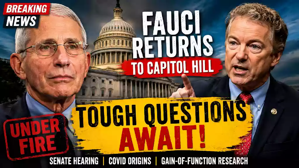 Anthony Fauci and Senator Rand Paul featured in a YouTube news thumbnail about Fauci's upcoming Senate hearing on COVID-19 origins, gain-of-function research, and Capitol Hill testimony.