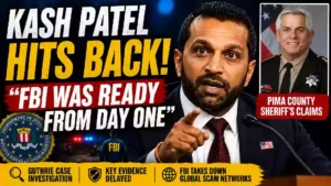 Kash Patel responds to Pima County Sheriff's claims in the Guthrie investigation during a news interview, with a thumbnail highlighting the FBI's response, delayed evidence, and global anti-scam operations.