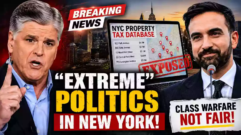 Sean Hannity speaks during a Fox News broadcast while a New York City property tax database graphic and skyline illustrate controversy surrounding a proposed second-home tax and political debate over wealth taxation.