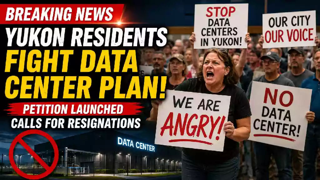 Protesters gather at a Yukon, Oklahoma city meeting opposing a proposed data center project, displaying signs against data centers as residents launch a petition and voice concerns over noise, electricity costs, and local government decisions.