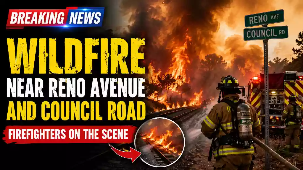 Oklahoma City wildfire near Reno Avenue and Council Road with firefighters battling flames along railroad tracks
