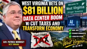 West Virginia Governor Patrick Morrisey featured alongside an AI data center and $81 billion investment headline, highlighting plans to cut state income taxes and boost the West Virginia economy.
