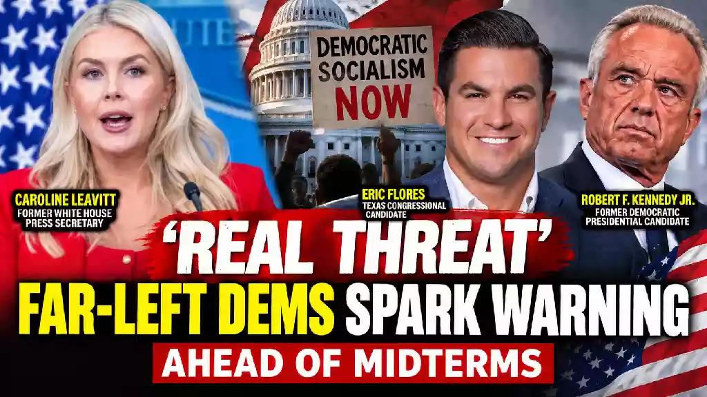 Caroline Leavitt, Eric Flores and Robert F. Kennedy Jr. featured in a political news thumbnail about Republican warnings over socialist influence and far-left Democrats ahead of the 2026 midterm elections.