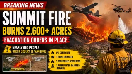 Breaking News YouTube thumbnail showing the Summit Fire burning more than 2,600 acres in Northern Los Angeles County as firefighting aircraft, helicopters, and firefighters battle the fast-moving California wildfire amid evacuation orders.