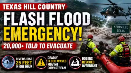 Emergency rescue crews evacuate residents by inflatable boat as catastrophic flash flooding overwhelms Kerrville in Texas Hill Country. A military helicopter flies overhead while floodwaters surge following historic rainfall during the Texas flash flood emergency.