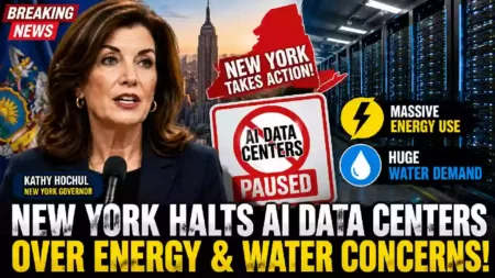 YouTube thumbnail showing New York Governor Kathy Hochul alongside a modern AI data center, highlighting New York's temporary pause on large AI data center approvals due to growing concerns over electricity demand, water consumption, and environmental impact.