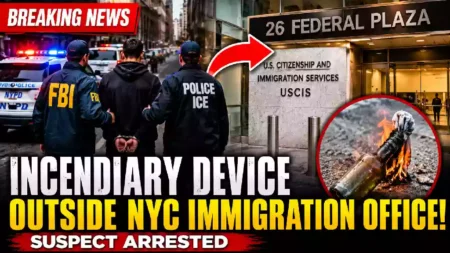 Breaking news thumbnail showing FBI and ICE agents escorting a suspect outside 26 Federal Plaza in New York City after an incendiary device incident near the USCIS immigration office.