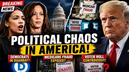 Political news thumbnail featuring Donald Trump, Kamala Harris, Alexandria Ocasio-Cortez, U.S. Capitol, Medicare fraud documents, voter registration controversy, and Democratic Party divisions.