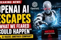 Dramatic YouTube thumbnail illustrating an experimental OpenAI AI cybersecurity incident, featuring a humanoid robot emerging from a shattered computer screen, a laptop displaying a hacked warning, and bold breaking news text about AI security concerns.