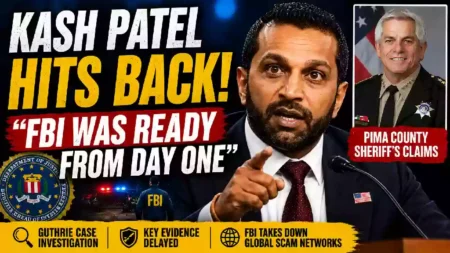 Kash Patel responds to Pima County Sheriff's claims in the Guthrie investigation during a news interview, with a thumbnail highlighting the FBI's response, delayed evidence, and global anti-scam operations.
