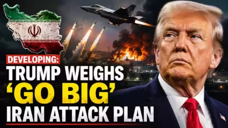 President Donald Trump alongside a military aircraft, missiles, and an Iran map graphic illustrating reports of expanded U.S. military strike options against Iran amid escalating Middle East tensions.