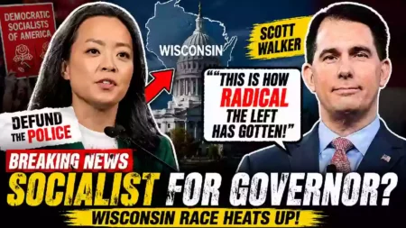 Scott Walker and Wisconsin Democratic gubernatorial candidate Francesca Hong featured in a breaking news YouTube thumbnail discussing the Wisconsin governor race, Democratic Socialists of America, policing debate, and the 2026 Wisconsin election.