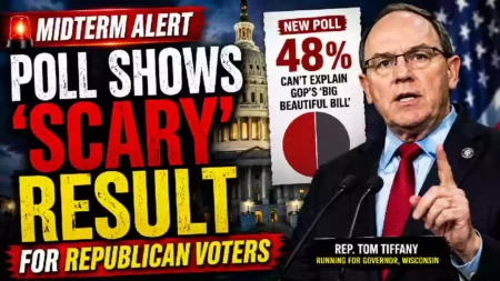 Rep. Tom Tiffany speaks during a political event as a graphic highlights new polling showing Republican voter concerns ahead of the 2026 U.S. midterm elections.