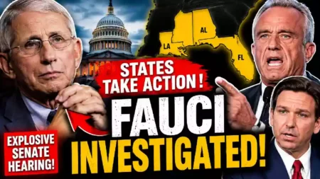 YouTube thumbnail featuring Dr. Anthony Fauci, Robert F. Kennedy Jr., and Florida Governor Ron DeSantis with the U.S. Capitol and highlighted map of Louisiana, Alabama, and Florida following a Senate hearing that renewed debate over COVID-19 accountability.