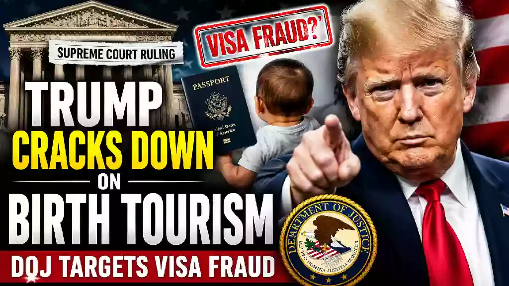 Trump administration birth tourism crackdown after Supreme Court birthright citizenship ruling, with U.S. Supreme Court, Donald Trump, baby, passport and DOJ visa fraud imagery
