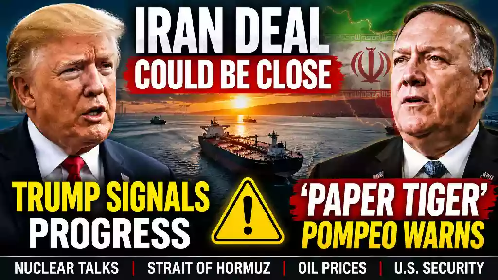 President Donald Trump and former Secretary of State Mike Pompeo featured in a YouTube thumbnail about ongoing Iran nuclear negotiations, the Strait of Hormuz, and the potential U.S.-Iran diplomatic agreement.