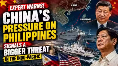 China’s pressure on the Philippines raises wider Indo-Pacific security concerns, with Chinese and Philippine coast guard ships, Xi Jinping, and a regional map shown in a dramatic news graphic.