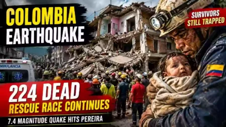 Colombia earthquake aftermath showing collapsed buildings, rescue workers, ambulance and a rescuer holding a baby as search efforts continue after a reported 7.4-magnitude earthquake