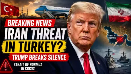 Donald Trump pictured with Air Force One, Turkey and Iran flags, and Strait of Hormuz imagery highlighting a reported Iranian threat during the NATO summit in Turkey.