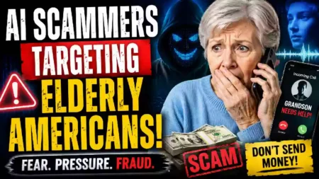 AI scammers targeting elderly Americans with fraudulent phone calls, financial scams, and pressure tactics, featuring a worried senior woman receiving a suspicious call