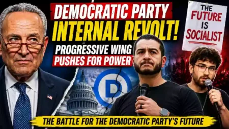 Democratic Party internal revolt thumbnail featuring Chuck Schumer, Abdul El-Sayed, and Hasan Piker, with the U.S. Capitol and Democratic Party logo in the background and headlines about the progressive wing pushing for political power.