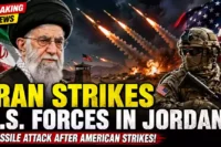 Iran launches ballistic missile attack targeting U.S. forces in Jordan after American strikes on Iranian missile launchers near the Strait of Hormuz, with Iranian and American military imagery.