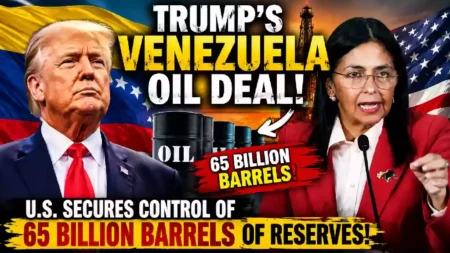Trump and Venezuelan official featured in a thumbnail about the 65 billion barrel Venezuela oil deal.