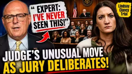 Lindsay Clancy trial thumbnail featuring a male legal expert, courtroom judge and jury, and Lindsay Clancy as jurors deliberate over unusual jury instructions