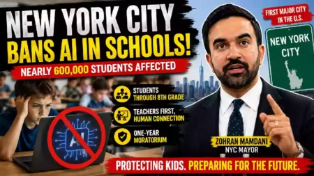 New York City AI school ban affecting nearly 600,000 students, featuring NYC Mayor Zohran Mamdani, a student using a laptop with a banned AI symbol, and a classroom background highlighting the one-year AI moratorium through eighth grade.